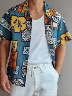 YIUME Tiki Hawaiian Floral Island Print Camp Button Down Shirt L
